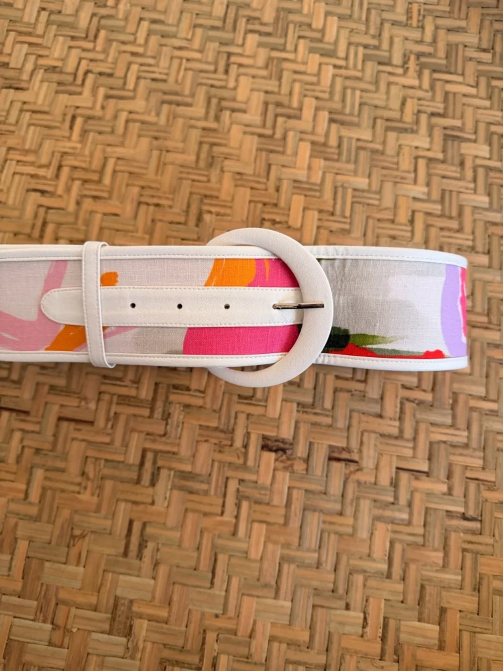 WOMEN’S VINTAGE 80’s PASTEL NEON COLORFUL WIDE BELT CIRCULAR BUCKLE ABSTRACT EUC